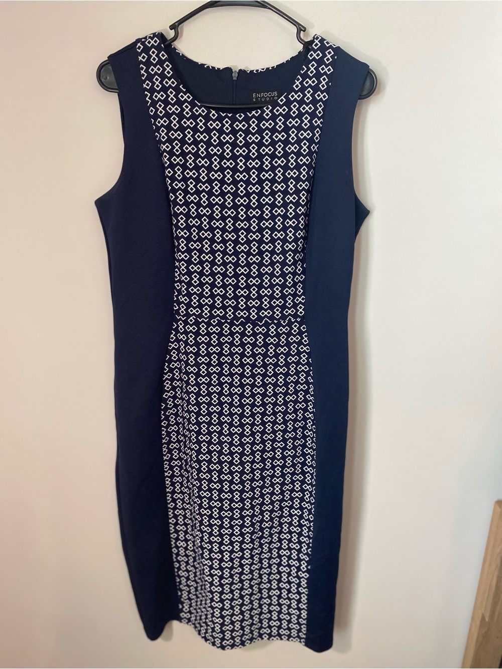 Enfocus Studio Navy Sheath Dress with White Geometric Center Panel